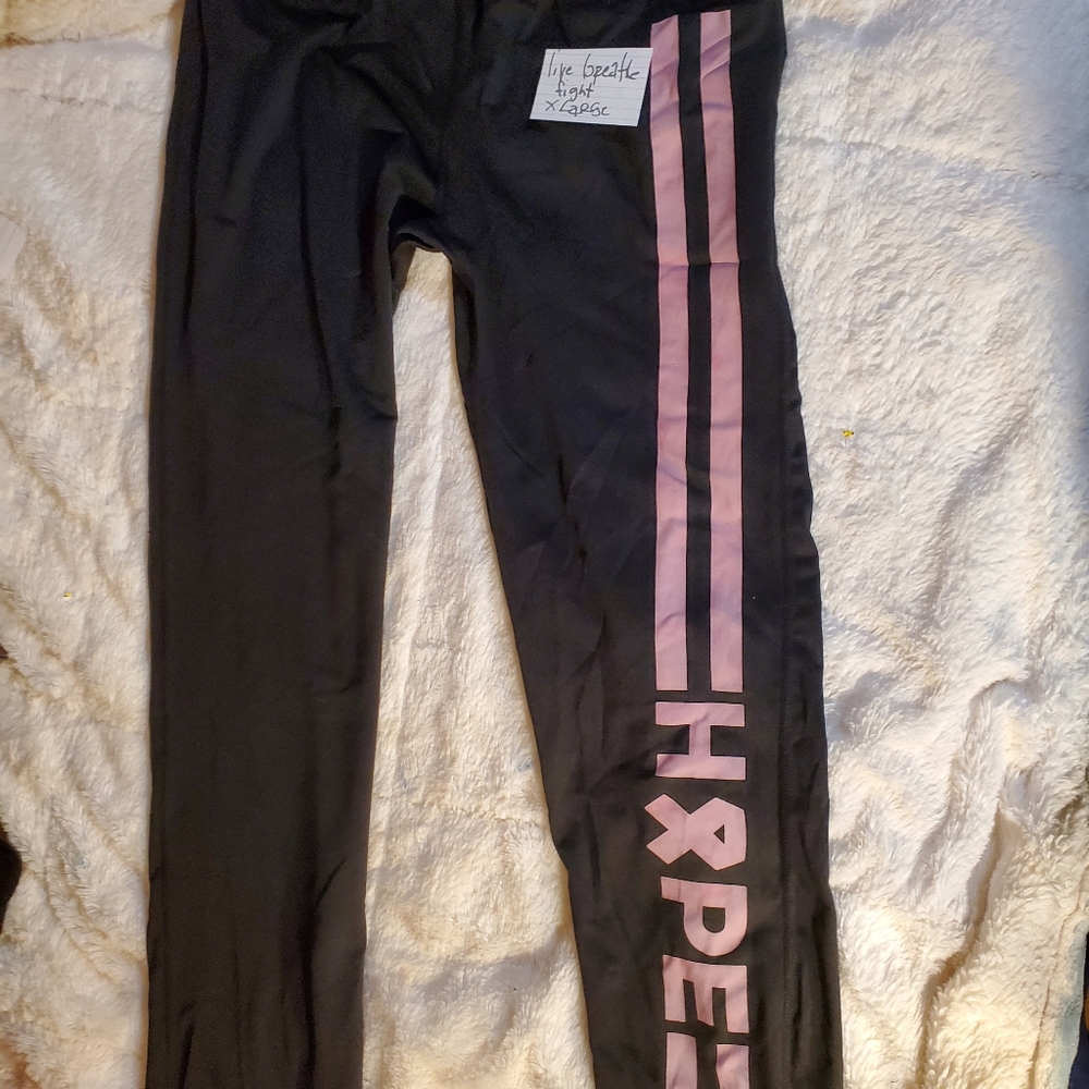 live breathe fight black yoga pants with pink lettering on leg "hope" xlarge